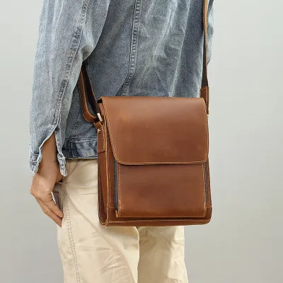 Genuine Leather Men’s Business Crossbody Bag – Cowhide Crazy Horse Retro Shoulder Messenger Bag